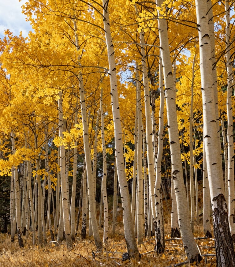 A dense grove of white-barked Aspen trees with bright yellow autumn leaves in the North American wilderness, vibrant natural colors under a clear sky.