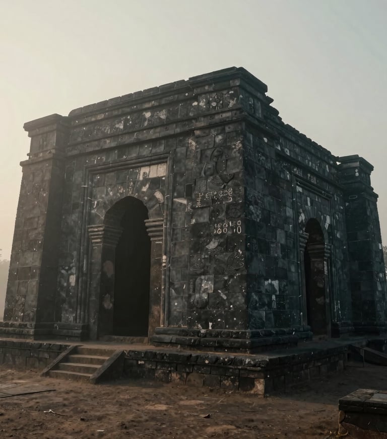 Cinematic photography of the historic M'Banza Kongo ruins in Angola at dawn, misty atmosphere, dramatic lighting with soft off-white and dark slate grey shadows.