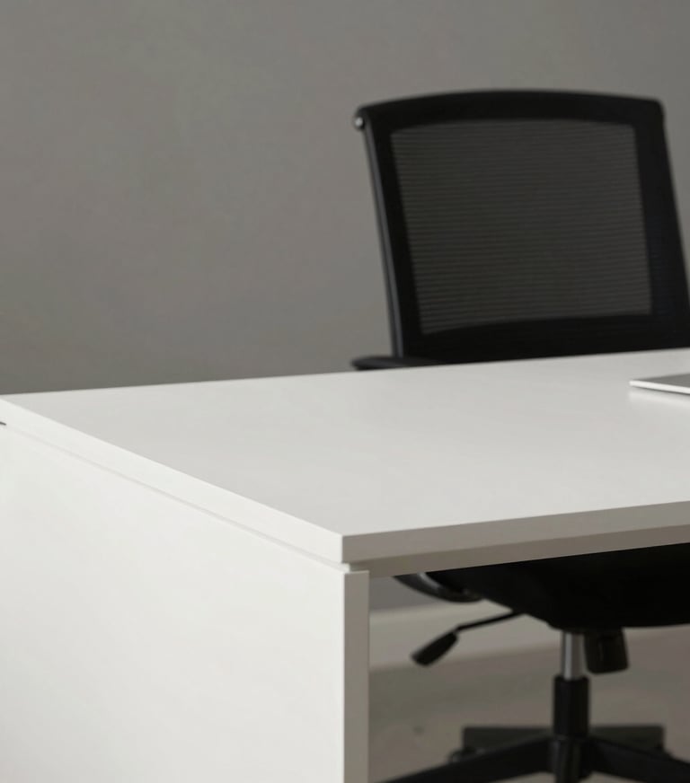 A professional photography shot of a clean, minimalist workspace in a North American / US home office, featuring a white desk and a black designer chair.