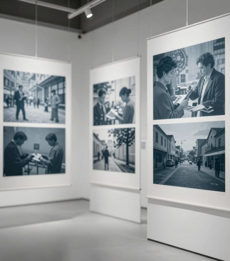 A wide-angle photograph of an exhibition space featuring large-scale archival research prints hung in a clean, sophisticated arrangement. Palette includes #F1F4F2 and #5B7B71.