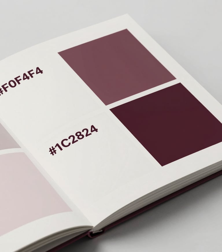 An open design book lying on a neutral surface, showcasing a grid-based layout. The paper texture is visible. Lighting is soft and even. Colors: #F0F4F4 paper with sharp #1C2826 text blocks.