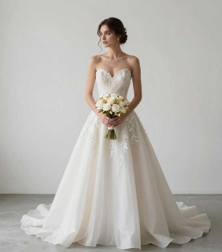 A stunning bride in an off-white luxury gown standing against a minimalist white wall in a Kartal, Istanbul studio. She holds a bouquet with gold accents. Soft, high-key lighting.