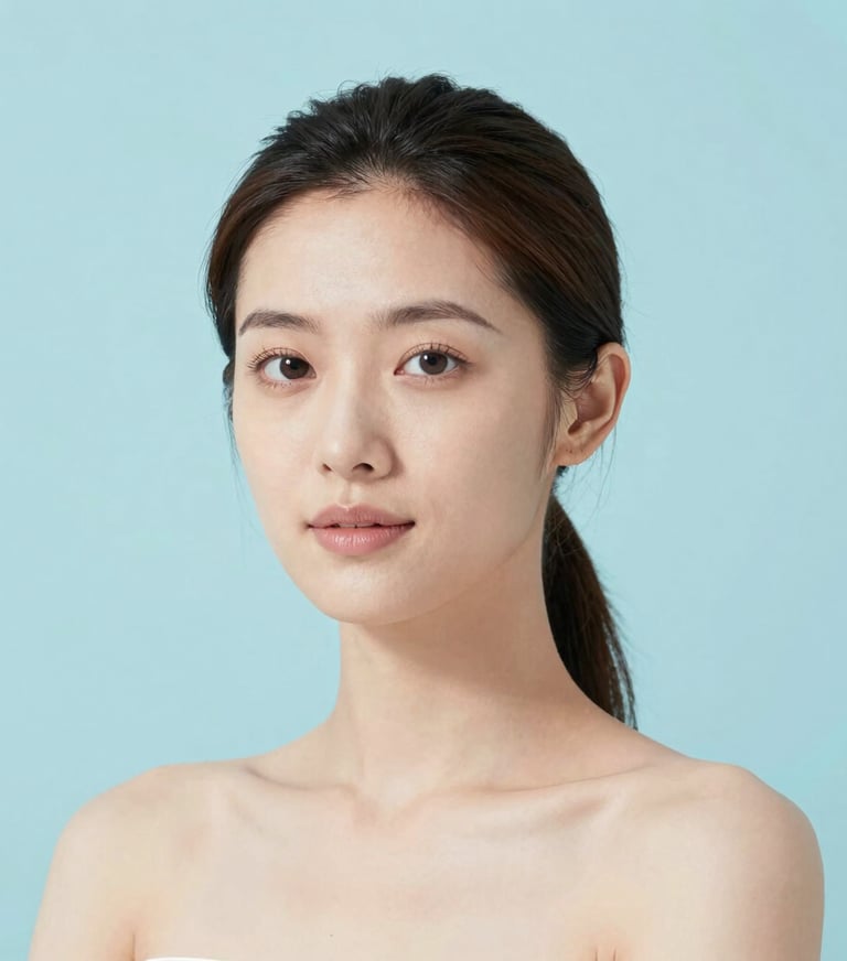 A serene portrait of a woman with natural light, high-definition quality, minimalist styling with a palette of #E0FBFC, clean and professional studio look.