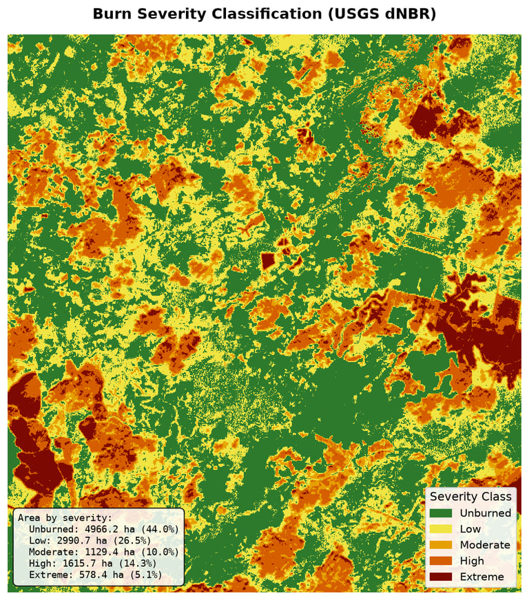 Burn severity map of the study area with color-coded fire impact classes from unburned to extreme.