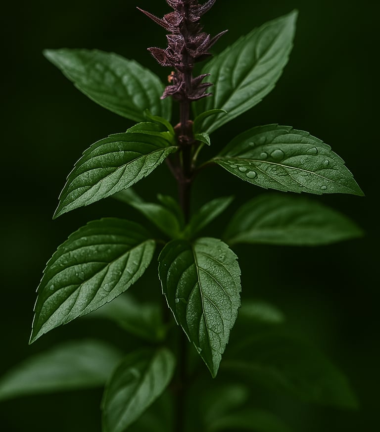 Basilic thaï bio aux feuilles pointues et fleur centrale, symbole d'obsession végétale