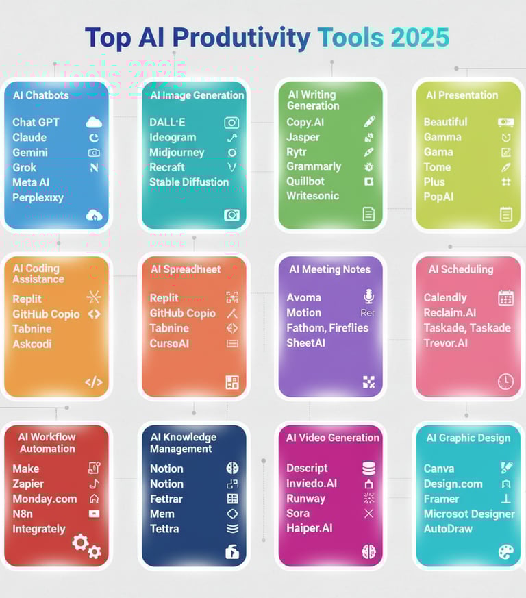 AI productivity tools chart showing 12 categories — base visual for best AI course by Nova & Charles