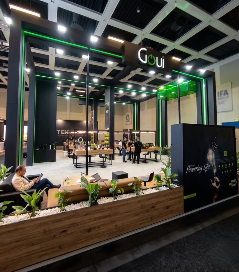 Sleek Goui exhibition booth design with black structure, green LED lighting accents, and interactive product displays.