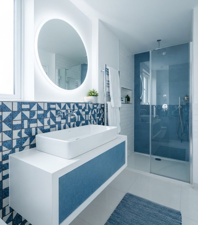 Wide shot of a sleek, modern bathroom installation with a large basin and minimalist mixer tap, bright cool daylight, bold blue and white tones, crisp clean focus, 35mm lens, image bleeding right.