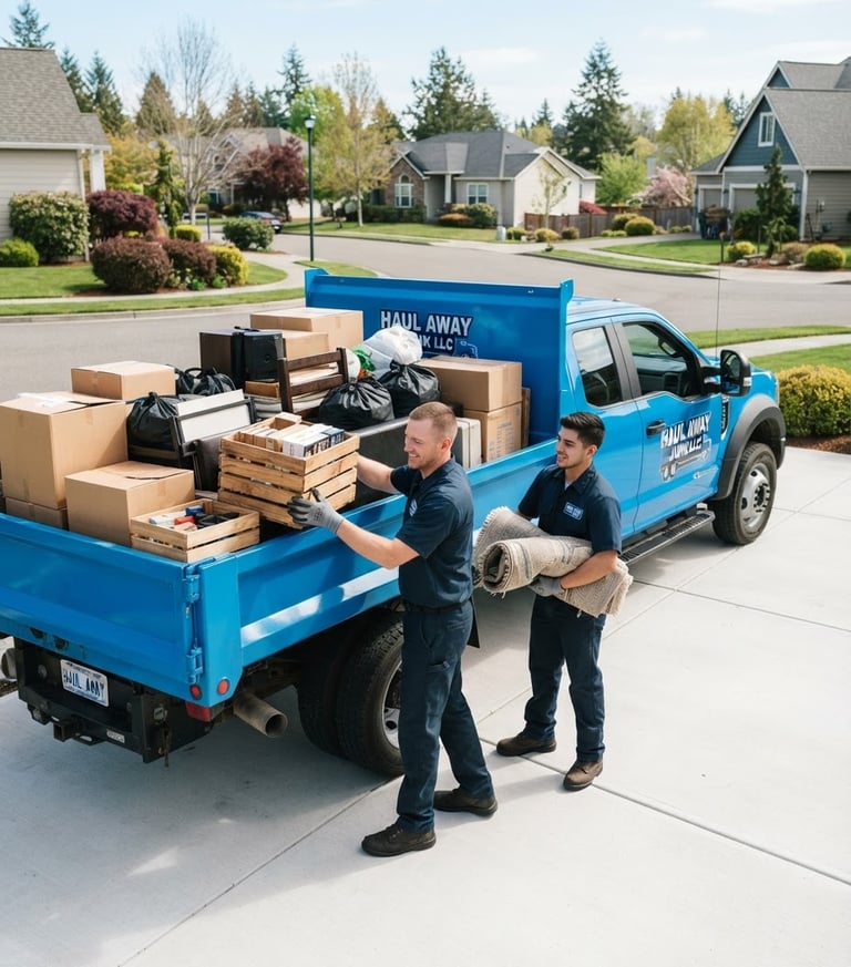 Professional Haul Away Junk LLC crew in clean uniforms loading neatly organized junk into a bright blue truck under crisp natural daylight, wide environmental shot with swept clean space, sharp focus