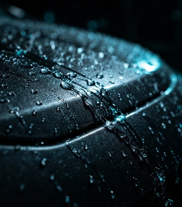 Macro close-up of water beads rolling off a deep charcoal metallic car hood, dramatic rim lighting, sharp cyan reflections, 35mm lens.