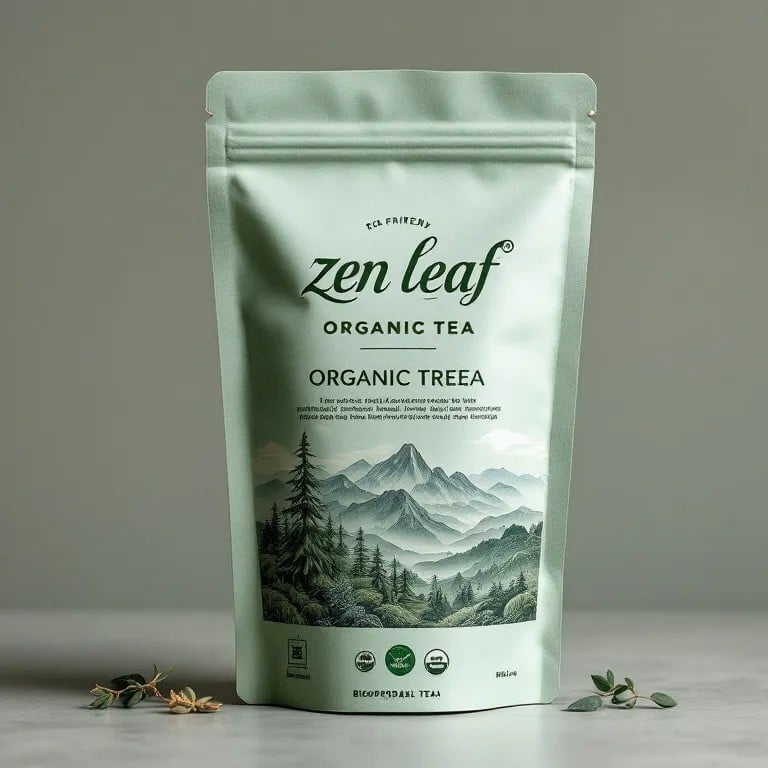 Zen Leaf organic tea pouch with a scenic mountain illustration on a matte green resealable bag.