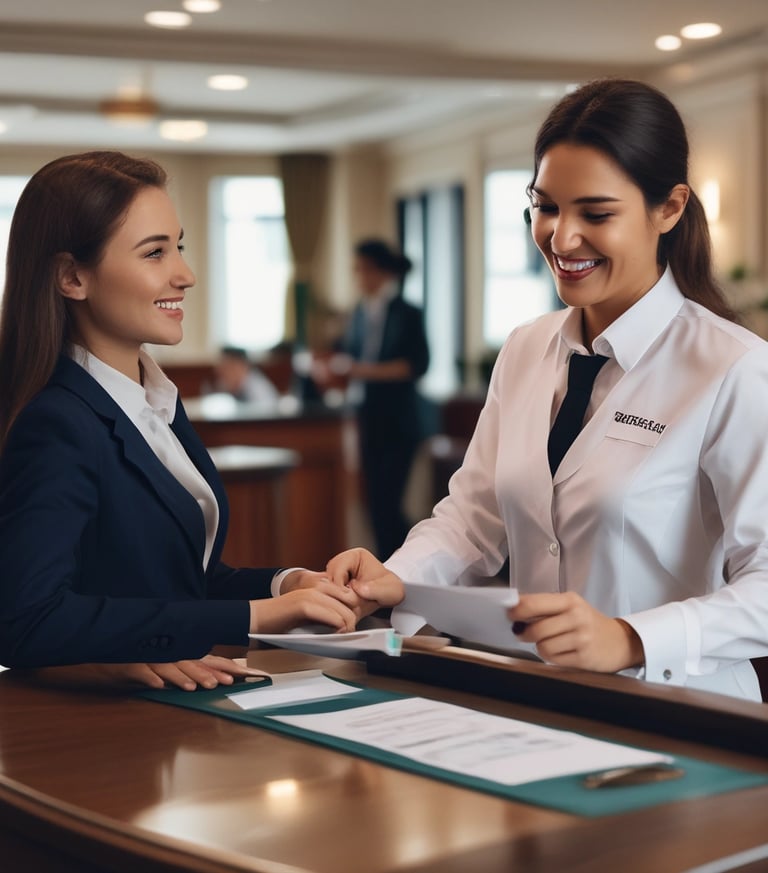 A spacious lobby area with polished floors and a row of modern turnstiles leading to a corridor. On the right, a long black marble reception desk with several people sitting and working. Glass walls and indoor plants enhance the open and bright atmosphere.