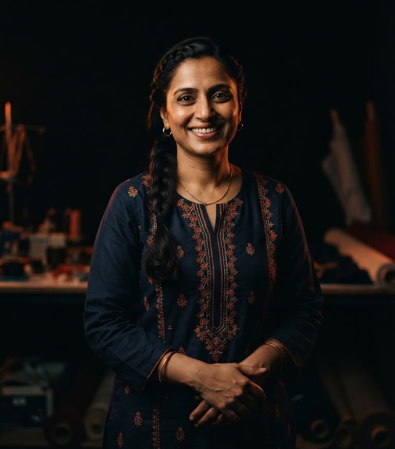 Dramatic dark-mode portrait of a confident Pakistani small business owner, smiling, with subtle vibrant orange accent lighting, matte black background, sharp focus, premium editorial, 35mm.