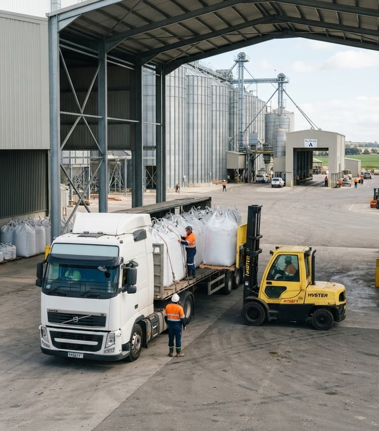 Wide shot of modern agricultural logistics, large sacks of commodities being loaded onto a truck at a processing facility, bright natural daylight, clean industrial setting, 35mm lens
