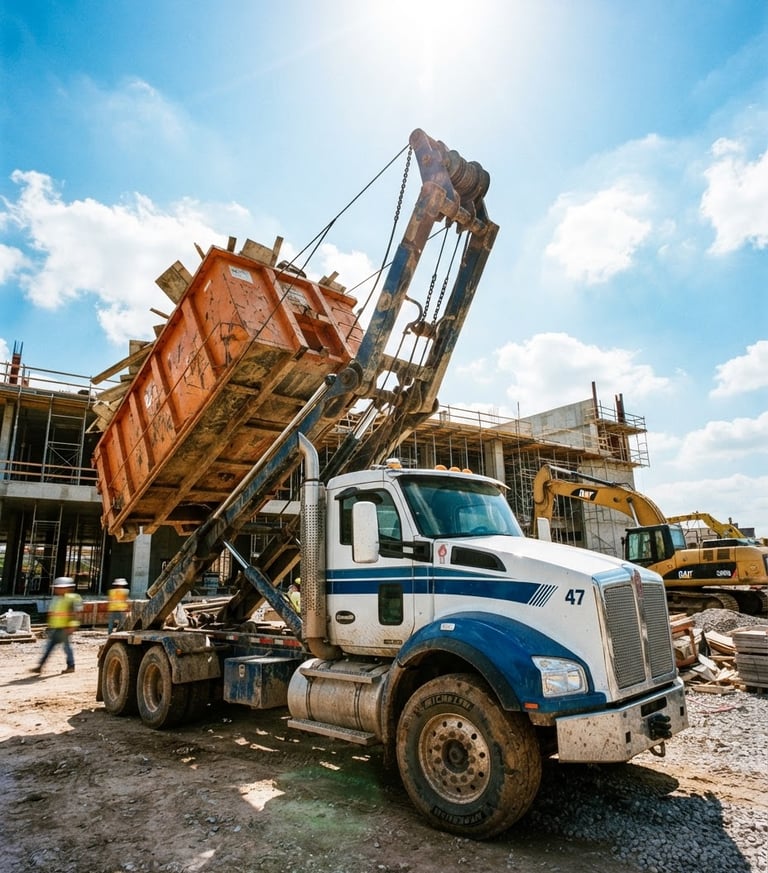 Low-angle heroic shot of a heavy-duty truck's hydraulic arm hoisting a steel roll-off dumpster, bright direct Texas sunlight, high-contrast shadows, construction site in background
