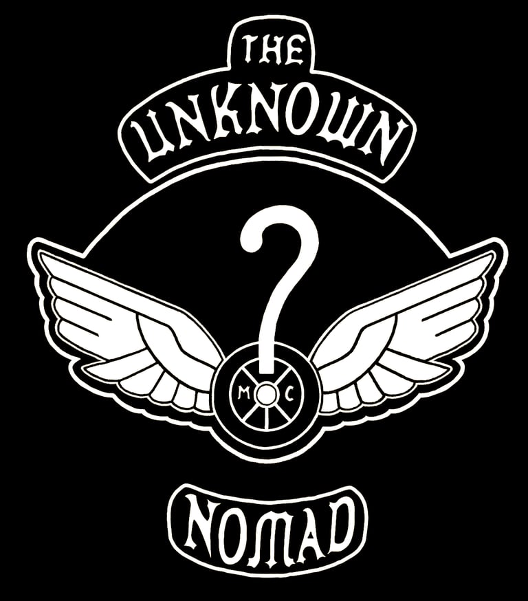 The Unknown Nomad MC motorcycle club patch featuring a winged wheel and a question mark.