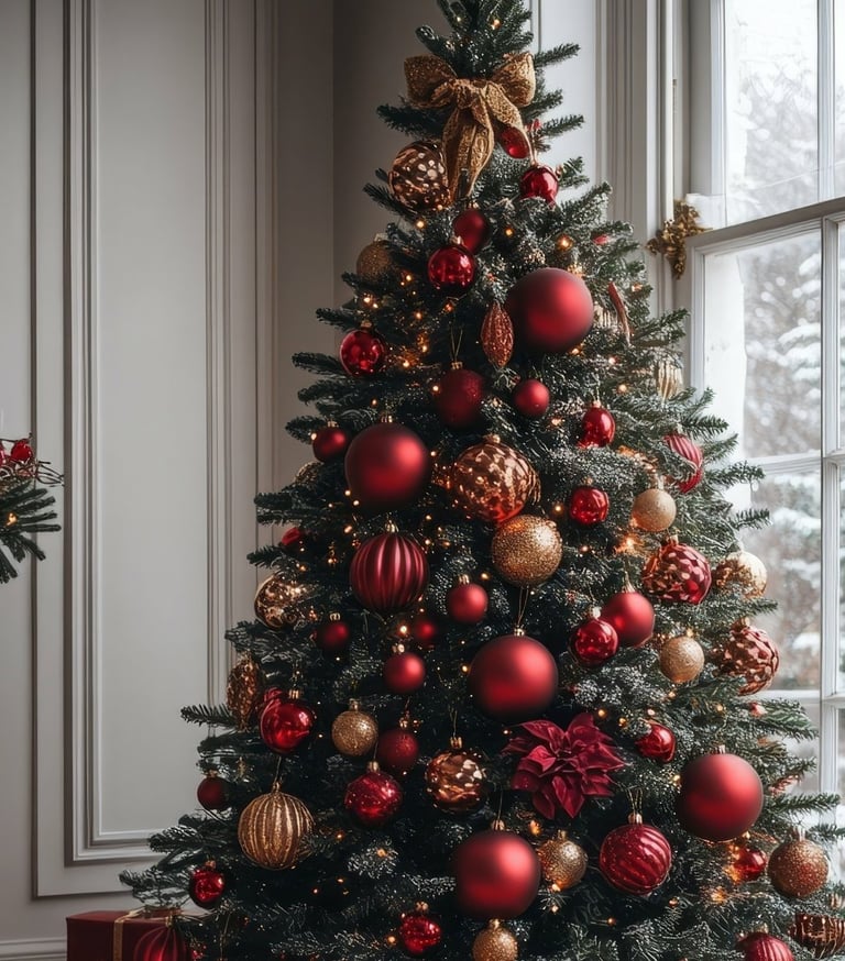 a christmas tree with red ornaments and presents