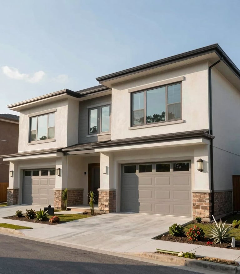 A crisp, professional wide shot of a modern North American residential townhouse development featuring clean lines and contemporary architectural elements. The lighting is mid-day sun, highlighting the structural integrity and high-quality construction finishes.