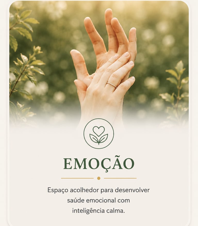 Duas mãos se tocando suavemente sobre um fundo natural, simbolizando saúde emocional e inteligência.