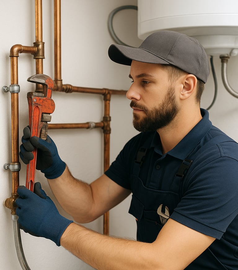 A professional plumber in blue uniform works under a modern kitchen sink.