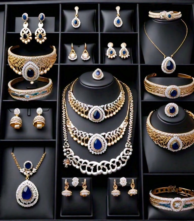 Jewellery collection includes rings, bangles, bracelets, earrings, jhumkas, bridal sets, tikka etc