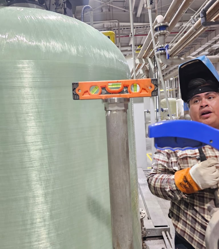 Trabajador con careta de soldar usando un nivel sobre una tubería junto a un gran tanque industrial.