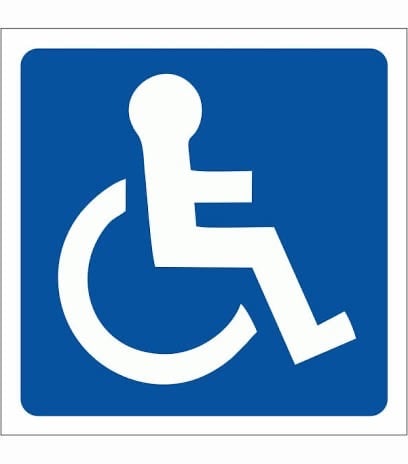 Blue and white handicap accessible sign featuring the universal wheelchair symbol for disability access.