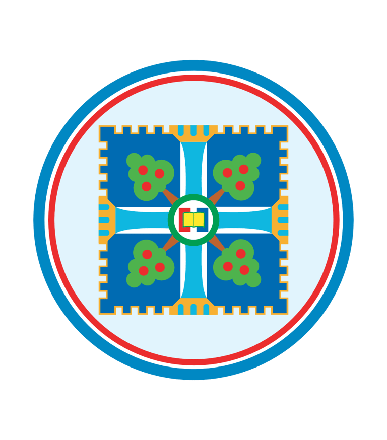Um medalhão circular com um desenho colorido