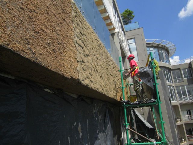 Specialized waterproofing plaster application on multiple story building, Sandhurst Towers, Sandton