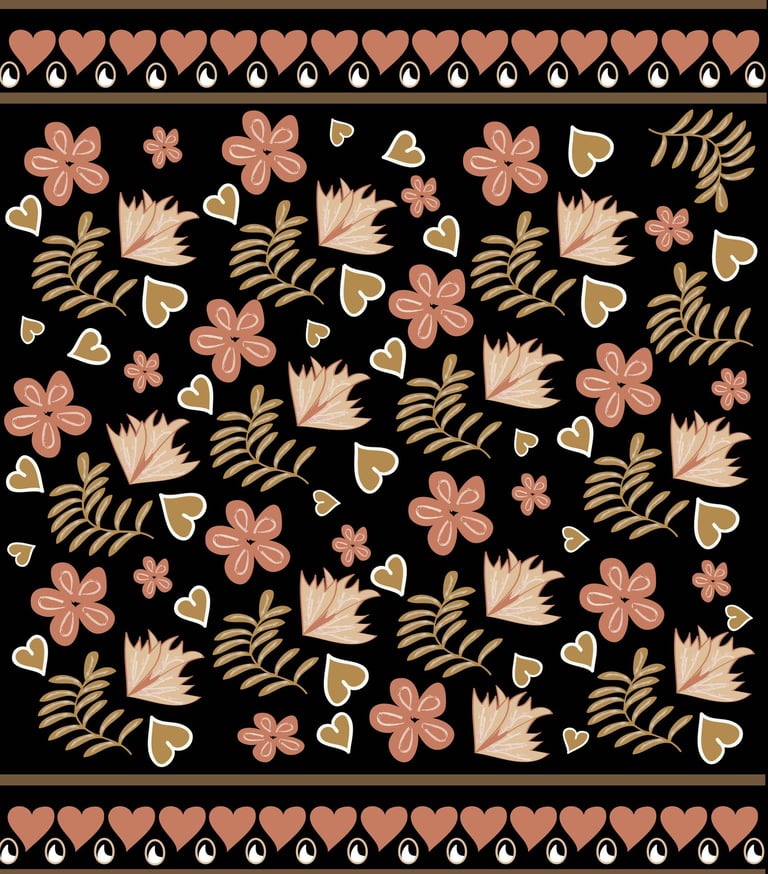 a beige, dark peach and cream color motif pattern of hearts, floral patternern with hearts