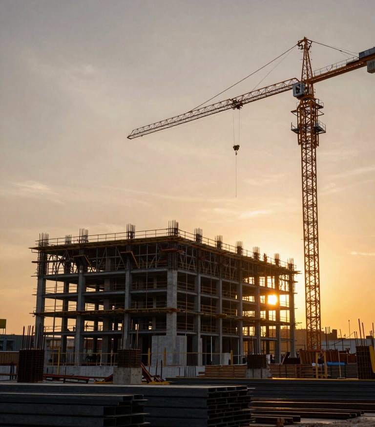 Wide panoramic view from the ground level of a massive active construction site at golden hour, steel framework rising against an overcast orange-lit sky to the right, tower cranes in operation silhouetted against the dusk light, stacked steel beams and concrete forms in the foreground, dramatic side-lighting defining the mass and scale of the structure