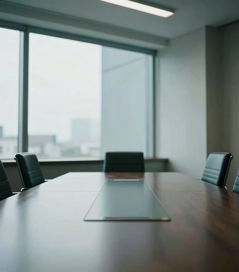 Premium corporate boardroom with cool window light, desaturated tones, sharp focus, 35mm, reflecting architectural precision