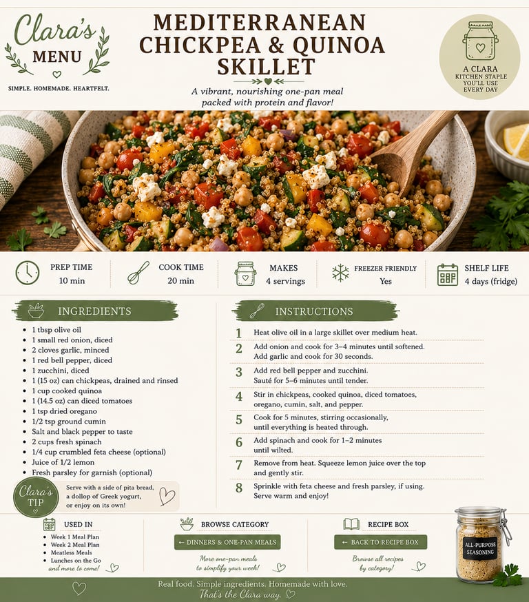 Recipe card for Mediterranean Chickpea and Quinoa Skillet showing a vibrant bowl of vegetables and grains.