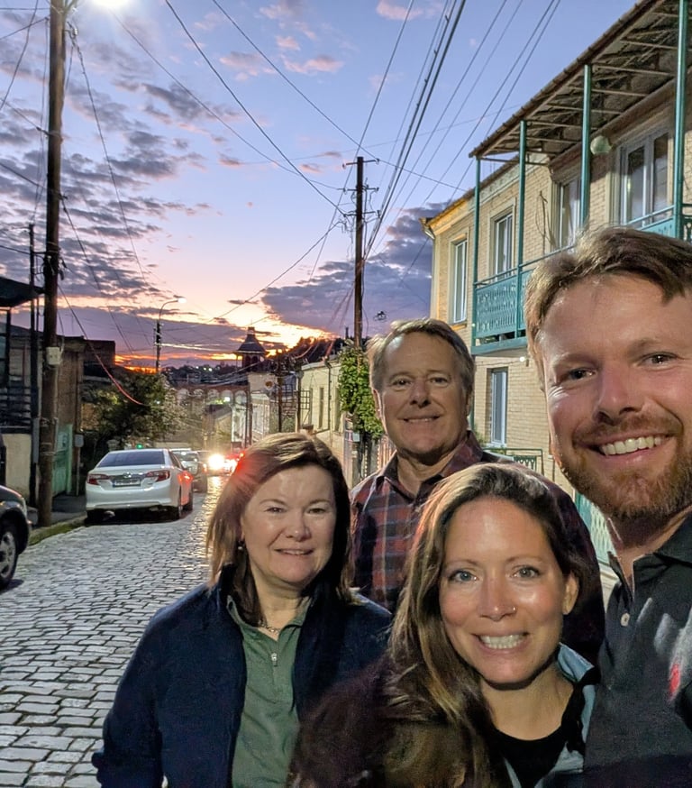 a beautiful sunset on a cobblestone street in Kutaisi Georgia 