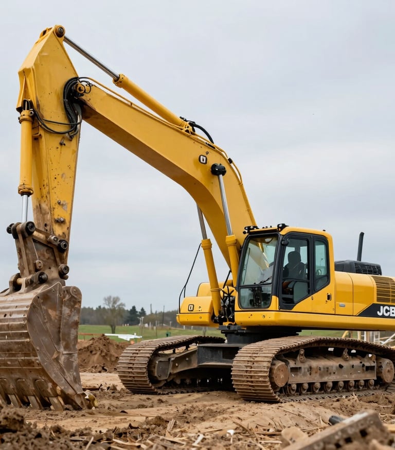A massive yellow JCB crawler excavator working on a major construction site in the Czech countryside, cinematic lighting, industrial strength, professional photography.