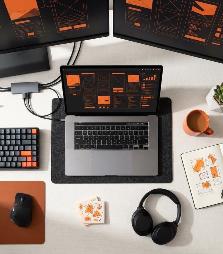 Overhead flat-lay of a developer's workspace, minimalist digital UI mockups on a screen, stark orange and black accents, crisp studio lighting, sharp shadows