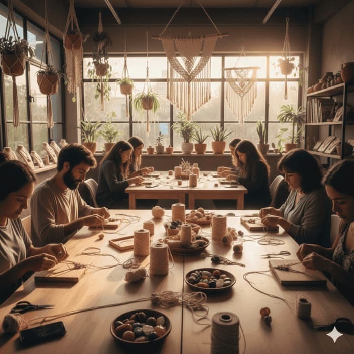 Personas en un taller de macramé haciendo tapices con hilo y plantas de interior en un estudio