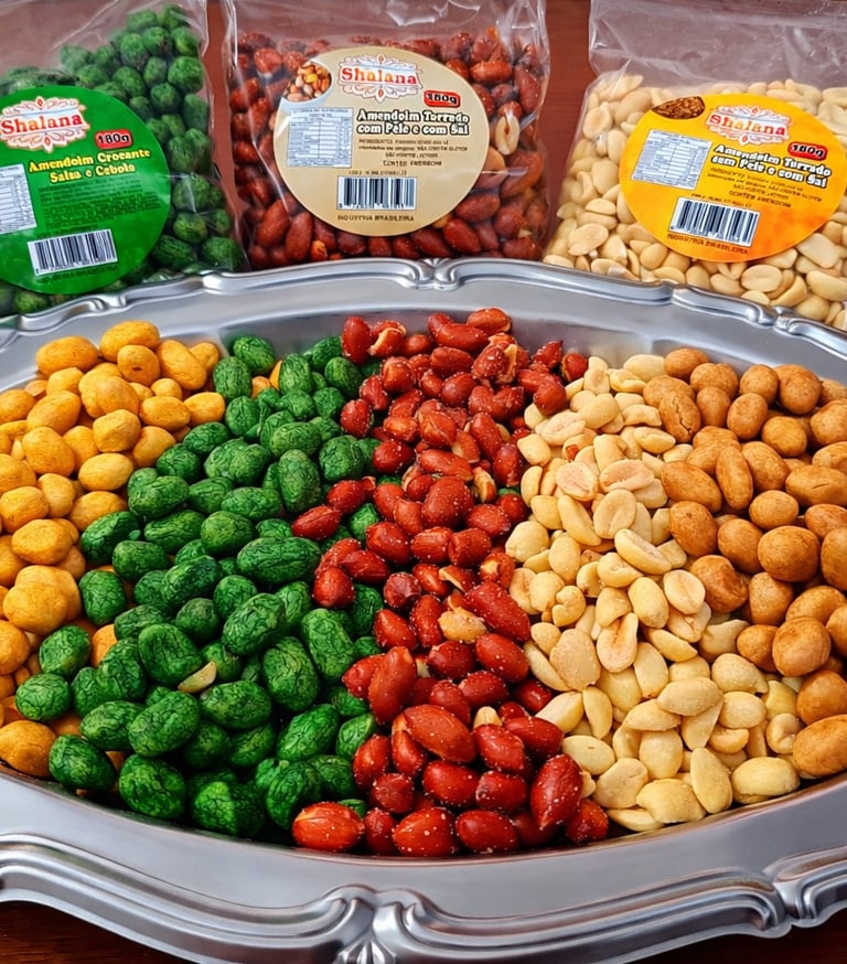 Assorted Shalana brand flavored peanuts and roasted nuts served on a silver platter for snacking.