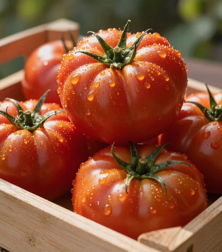 Close-up of vibrant heirloom tomatoes with morning dew, stacked neatly in a wooden crate, warm natural light streaming from the side.