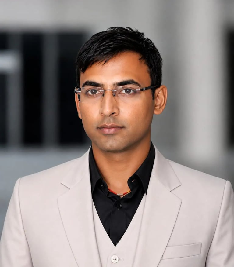 Professional headshot of a man in a beige suit jacket and glasses, perfect for a LinkedIn profile.