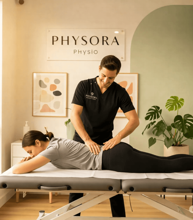Physiotherapist treating lower back pain with manual therapy and exercise rehabilitation