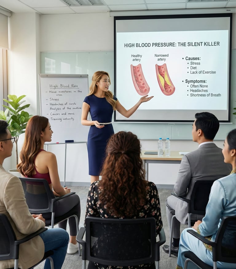 An attractive Eurasian doctor giving a health talk to a group of executives in a  training room