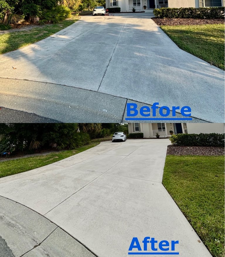 Before and after driveway pressure washing cleaning