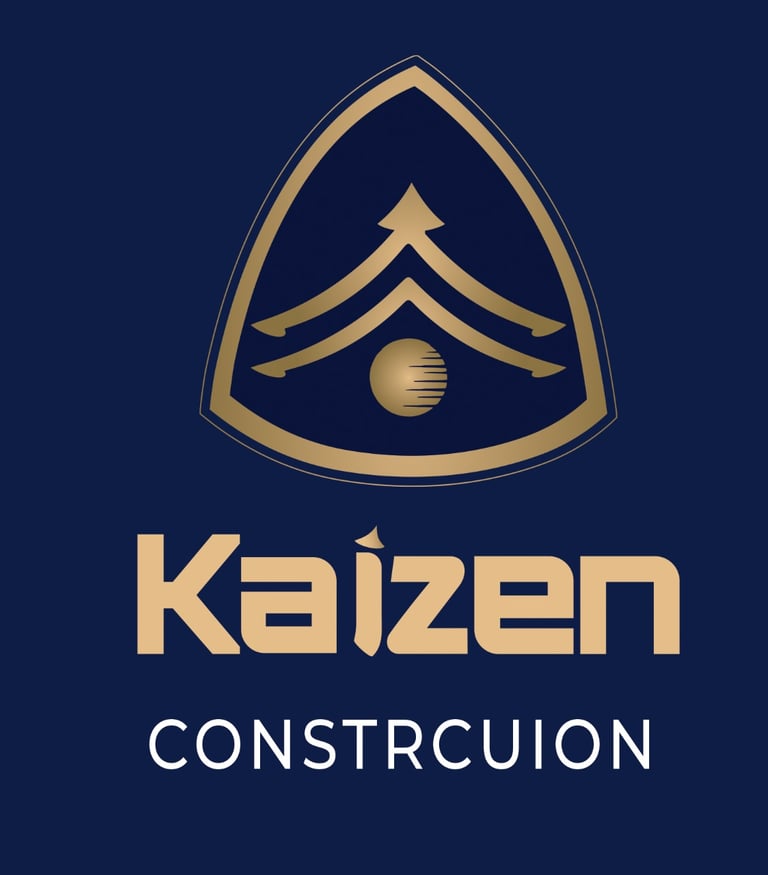 Gold Kaizen Construccion logo with a stylized roof emblem on a dark blue background.