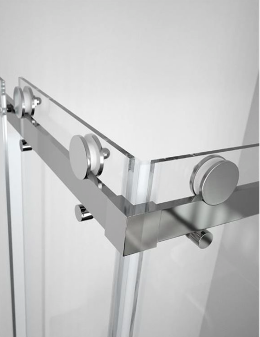 Close‑up of sliding shower door rollers and glass rollers FixShowers replaces in Auckland