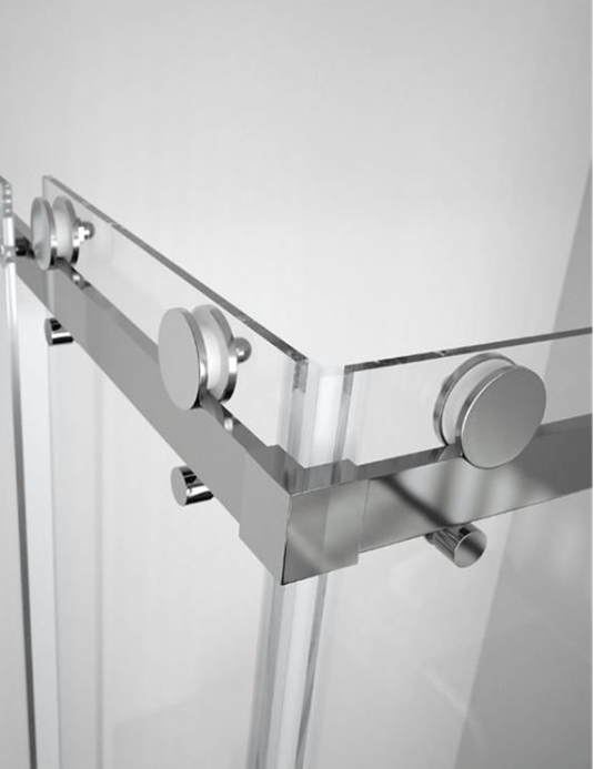 Close‑up of sliding shower door rollers and glass rollers FixShowers replaces in Auckland