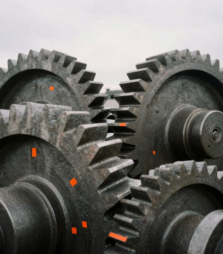 Macro close-up of heavy industrial steel machinery gears, overcast daylight, desaturated metallic tones with subtle orange paint markings, high-contrast shadows, 35mm film grain.