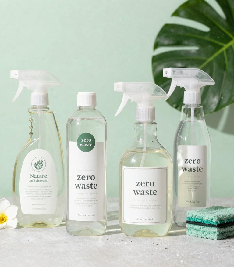 A cheerful cleaner riding a bike with cleaning supplies, surrounded by lush greenery and sparkling clean windows.