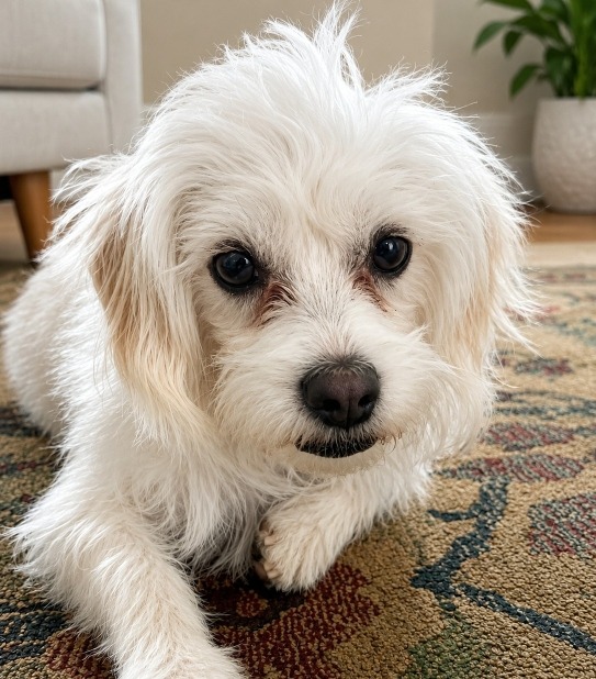 white fluffy dog on rug