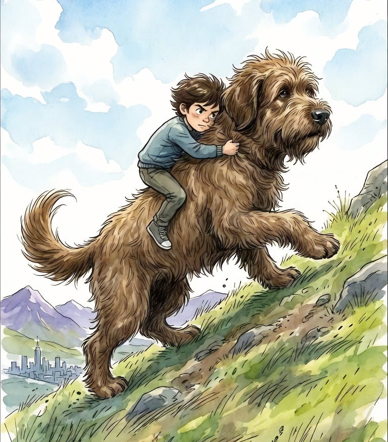 Finn climbing a mountain in the book The Brown Dog of the Green Glen